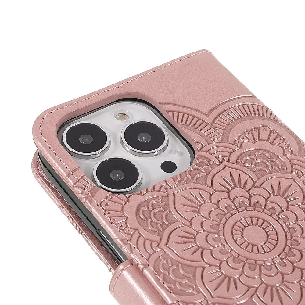 PU Leather Imprinting Mandala Flower Phone Cover Stand Wallet Case for iPhone 13 Pro Max 6.7 inch - Rose Gold - 6