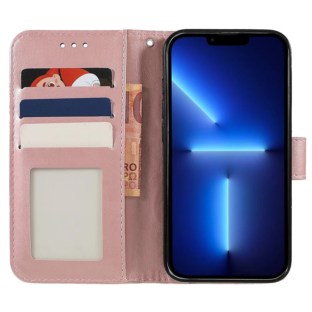 PU Leather Imprinting Mandala Flower Phone Cover Stand Wallet Case for iPhone 13 Pro Max 6.7 inch - Rose Gold - 7
