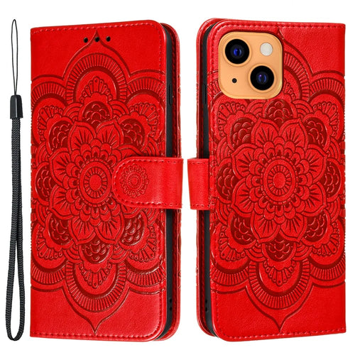 Imprinting Mandala Flower Scratch-resistant Leather Phone Cover Stand Wallet Protective Case for iPhone 13 mini 5.4 inch - Red - 1
