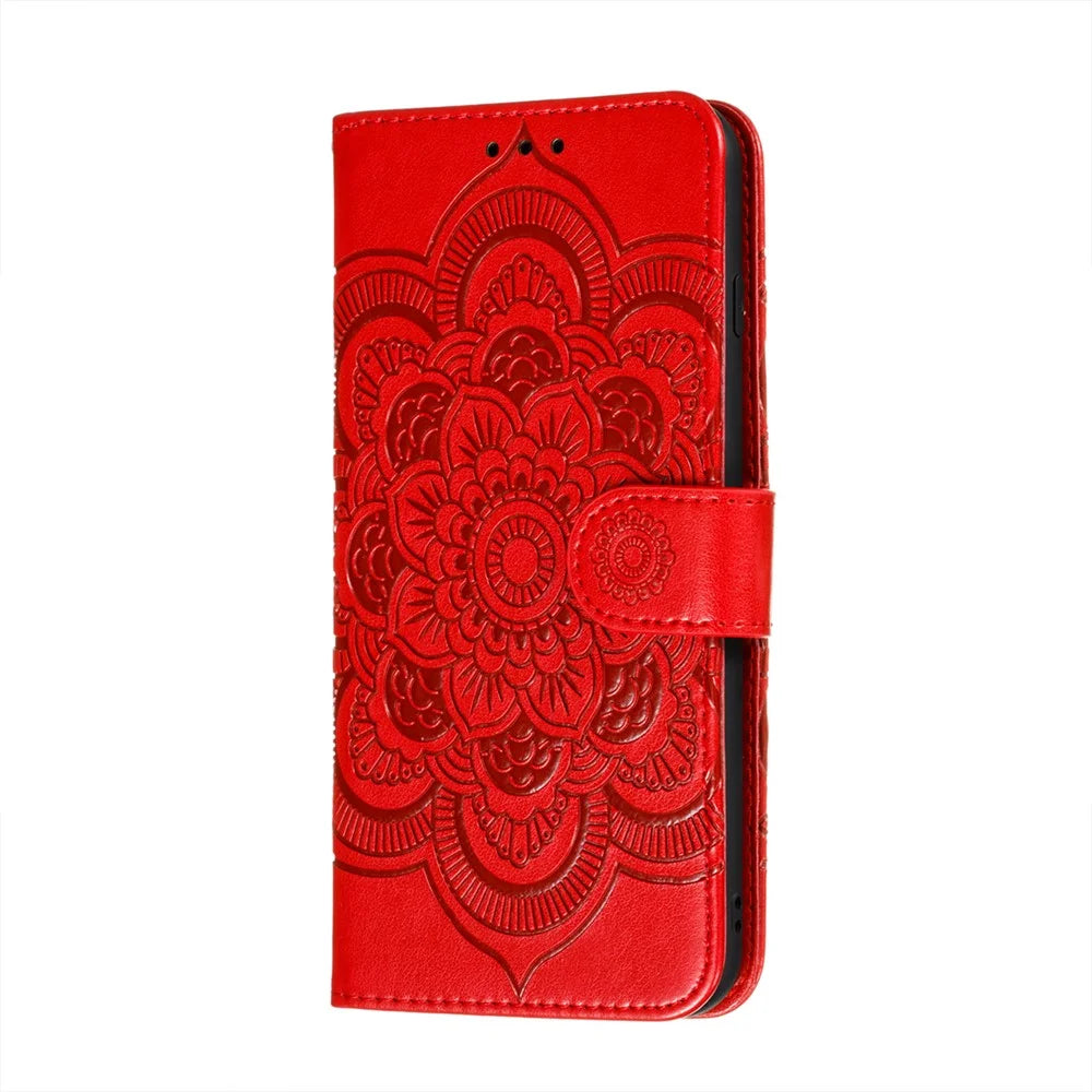 Imprinting Mandala Flower Scratch-resistant Leather Phone Cover Stand Wallet Protective Case for iPhone 13 mini 5.4 inch - Red - 2