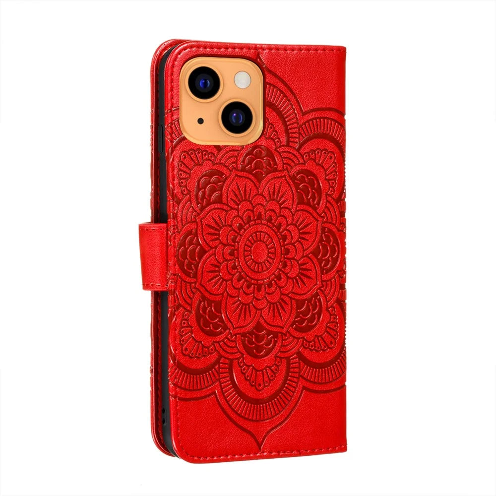 Imprinting Mandala Flower Scratch-resistant Leather Phone Cover Stand Wallet Protective Case for iPhone 13 mini 5.4 inch - Red - 3