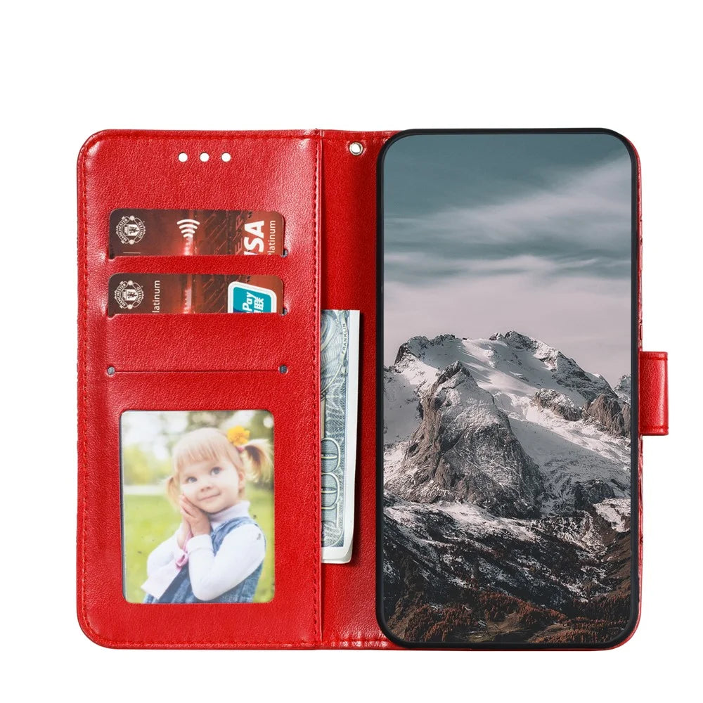 Imprinting Mandala Flower Scratch-resistant Leather Phone Cover Stand Wallet Protective Case for iPhone 13 mini 5.4 inch - Red - 4