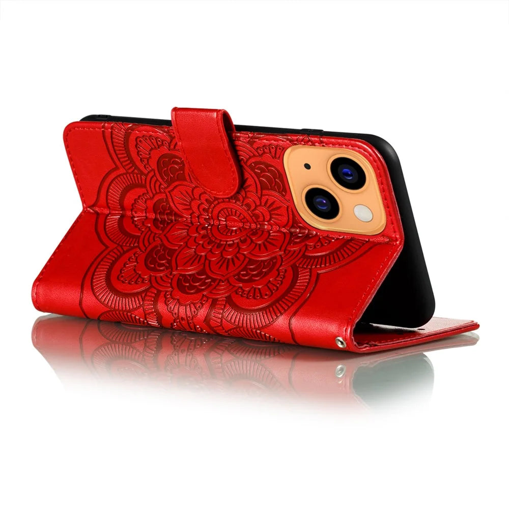 Imprinting Mandala Flower Scratch-resistant Leather Phone Cover Stand Wallet Protective Case for iPhone 13 mini 5.4 inch - Red - 5