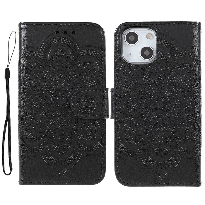 Imprinting Mandala Flower PU Leather Phone Stand Cover Wallet Case with Strap for iPhone 14 / 13 - Black - 1