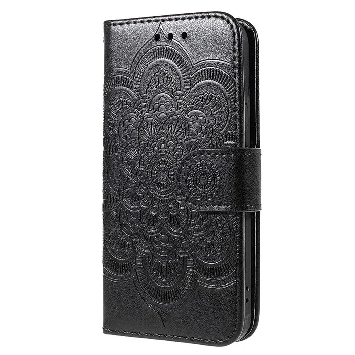 Imprinting Mandala Flower PU Leather Phone Stand Cover Wallet Case with Strap for iPhone 14 / 13 - Black - 2