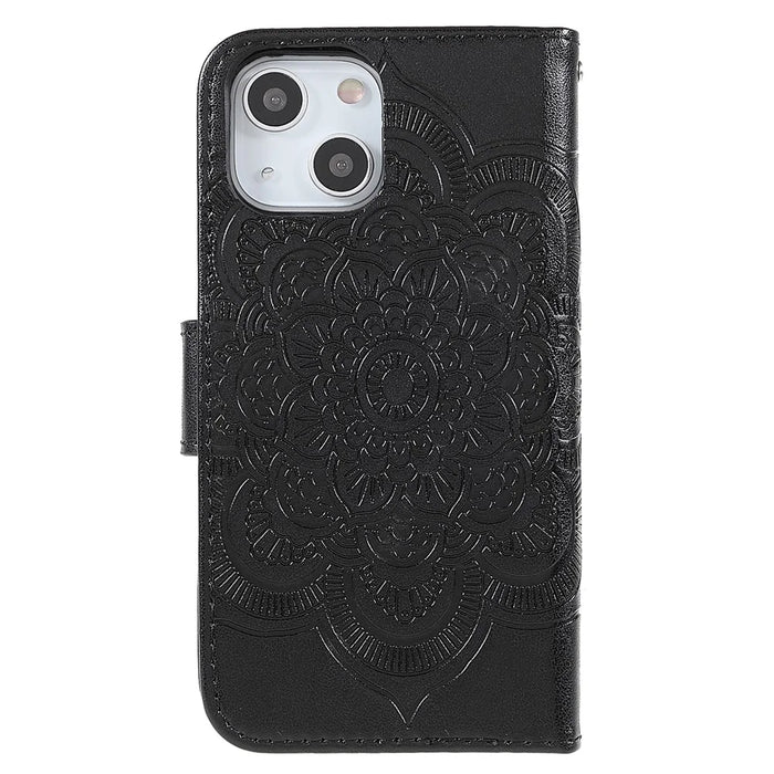 Imprinting Mandala Flower PU Leather Phone Stand Cover Wallet Case with Strap for iPhone 14 / 13 - Black - 3