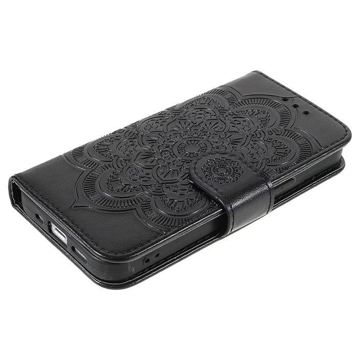 Imprinting Mandala Flower PU Leather Phone Stand Cover Wallet Case with Strap for iPhone 14 / 13 - Black - 4