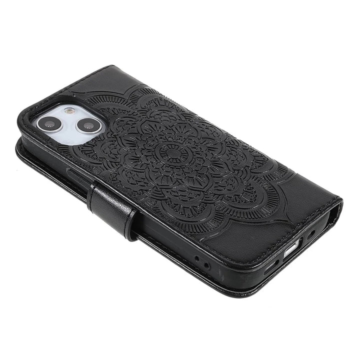 Imprinting Mandala Flower PU Leather Phone Stand Cover Wallet Case with Strap for iPhone 14 / 13 - Black - 5