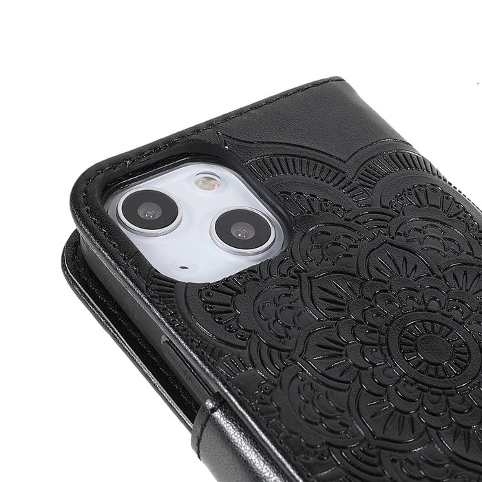 Imprinting Mandala Flower PU Leather Phone Stand Cover Wallet Case with Strap for iPhone 14 / 13 - Black - 6