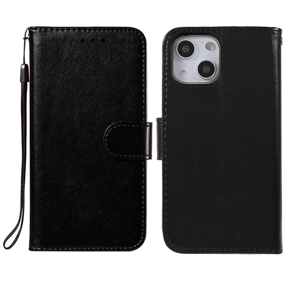 Folio Full Protection Magnetic Solid Color PU Leather Wallet Stand Flip Cover Case with Wrist Strap for iPhone 13 mini 5.4 inch - Black - 1