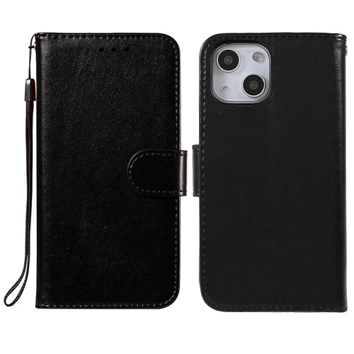 Folio Full Protection Magnetic Solid Color PU Leather Wallet Stand Flip Cover Case with Wrist Strap for iPhone 13 mini 5.4 inch - Black - 1