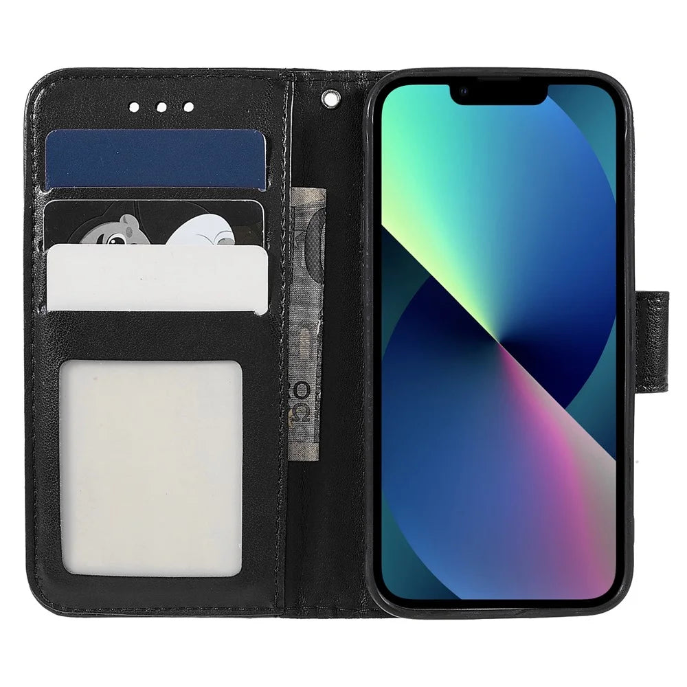 Folio Full Protection Magnetic Solid Color PU Leather Wallet Stand Flip Cover Case with Wrist Strap for iPhone 13 mini 5.4 inch - Black - 5
