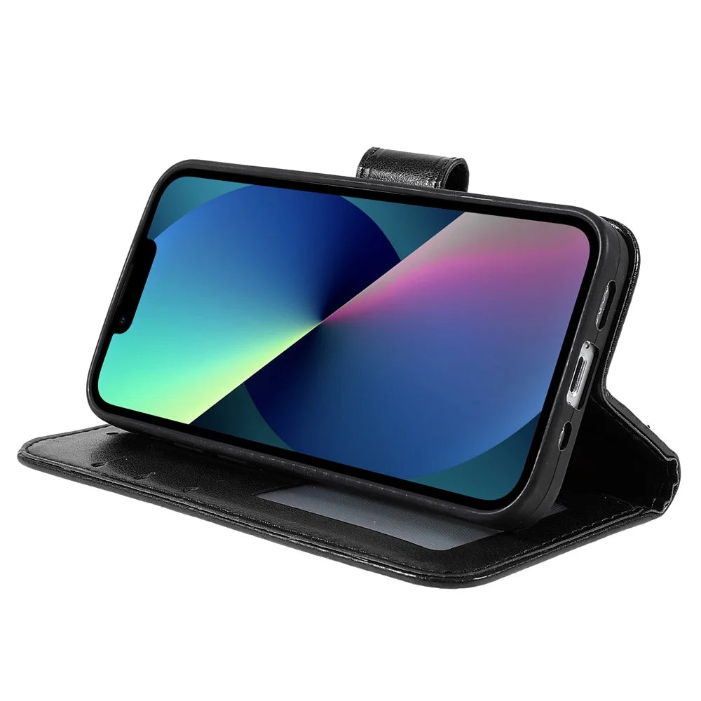 Folio Full Protection Magnetic Solid Color PU Leather Wallet Stand Flip Cover Case with Wrist Strap for iPhone 13 mini 5.4 inch - Black - 6