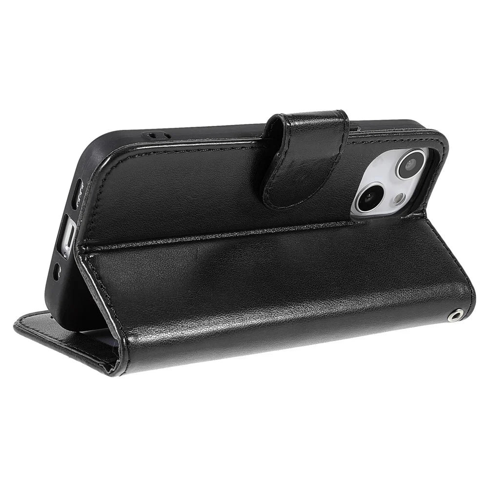 Folio Full Protection Magnetic Solid Color PU Leather Wallet Stand Flip Cover Case with Wrist Strap for iPhone 13 mini 5.4 inch - Black - 7