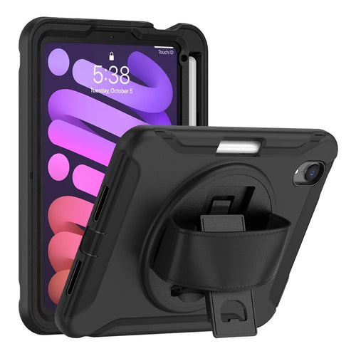 360 Degree Rotary Kickstand PC + TPU Hybrid Tablet Case Cover with Hand Strap for iPad mini (2024) / mini (2021) - Black - 1