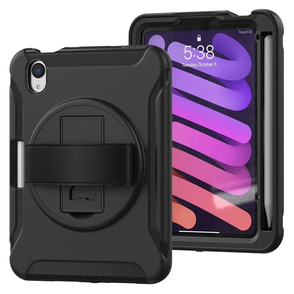 360 Degree Rotary Kickstand PC + TPU Hybrid Tablet Case Cover with Hand Strap for iPad mini (2024) / mini (2021) - Black - 2