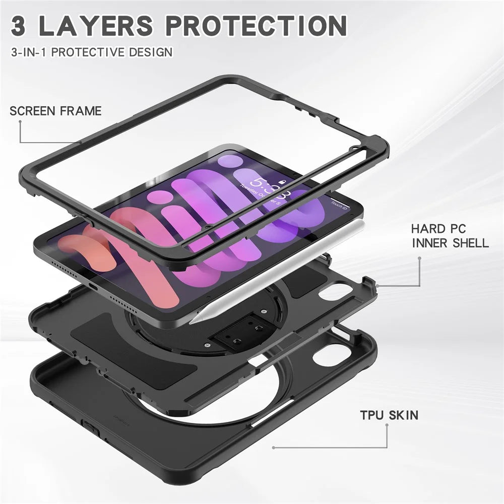 360 Degree Rotary Kickstand PC + TPU Hybrid Tablet Case Cover with Hand Strap for iPad mini (2024) / mini (2021) - Black - 5