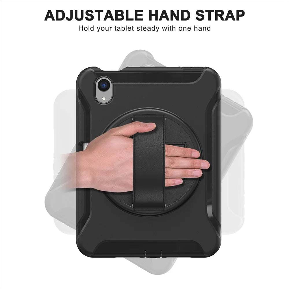 360 Degree Rotary Kickstand PC + TPU Hybrid Tablet Case Cover with Hand Strap for iPad mini (2024) / mini (2021) - Black - 6