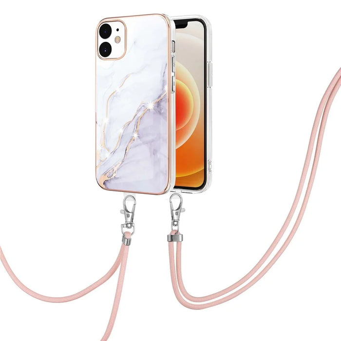 Case with Shoulder Strap IMD IML Flower Pattern TPU Back Cover for iPhone 12 / 12 Pro 6.1 inch - White 006 - 2
