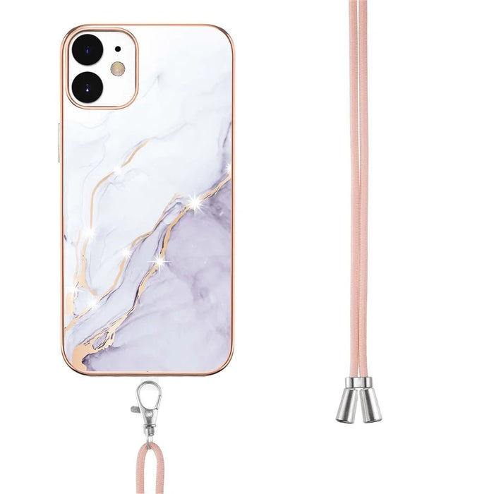 Case with Shoulder Strap IMD IML Flower Pattern TPU Back Cover for iPhone 12 / 12 Pro 6.1 inch - White 006 - 3