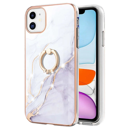 Case with Ring Kickstand Marble Pattern Electroplating TPU Back Cover for iPhone 11 6.1 inch - White 006 - 1