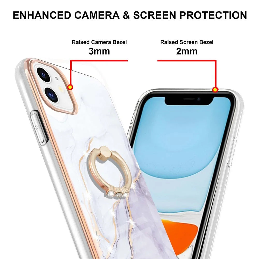 Case with Ring Kickstand Marble Pattern Electroplating TPU Back Cover for iPhone 11 6.1 inch - White 006 - 2