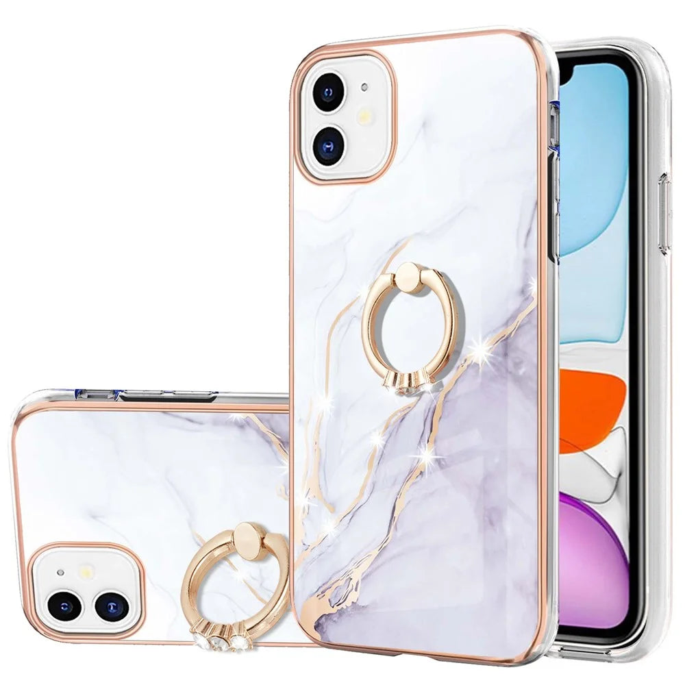 Case with Ring Kickstand Marble Pattern Electroplating TPU Back Cover for iPhone 11 6.1 inch - White 006 - 3