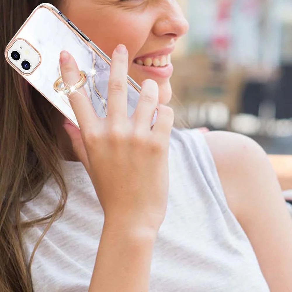 Case with Ring Kickstand Marble Pattern Electroplating TPU Back Cover for iPhone 11 6.1 inch - White 006 - 4
