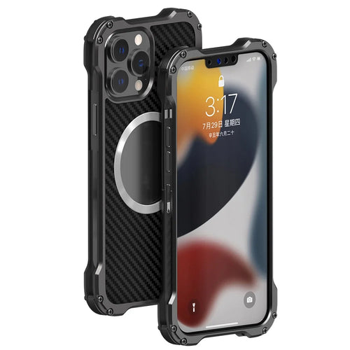 R-JUST Back Hollow Heat Dissipation Drop-Resistant Carbon Fiber PC + Aluminum Alloy Phone Case for iPhone 13 Pro Max 6.7 inch - Grey - 1