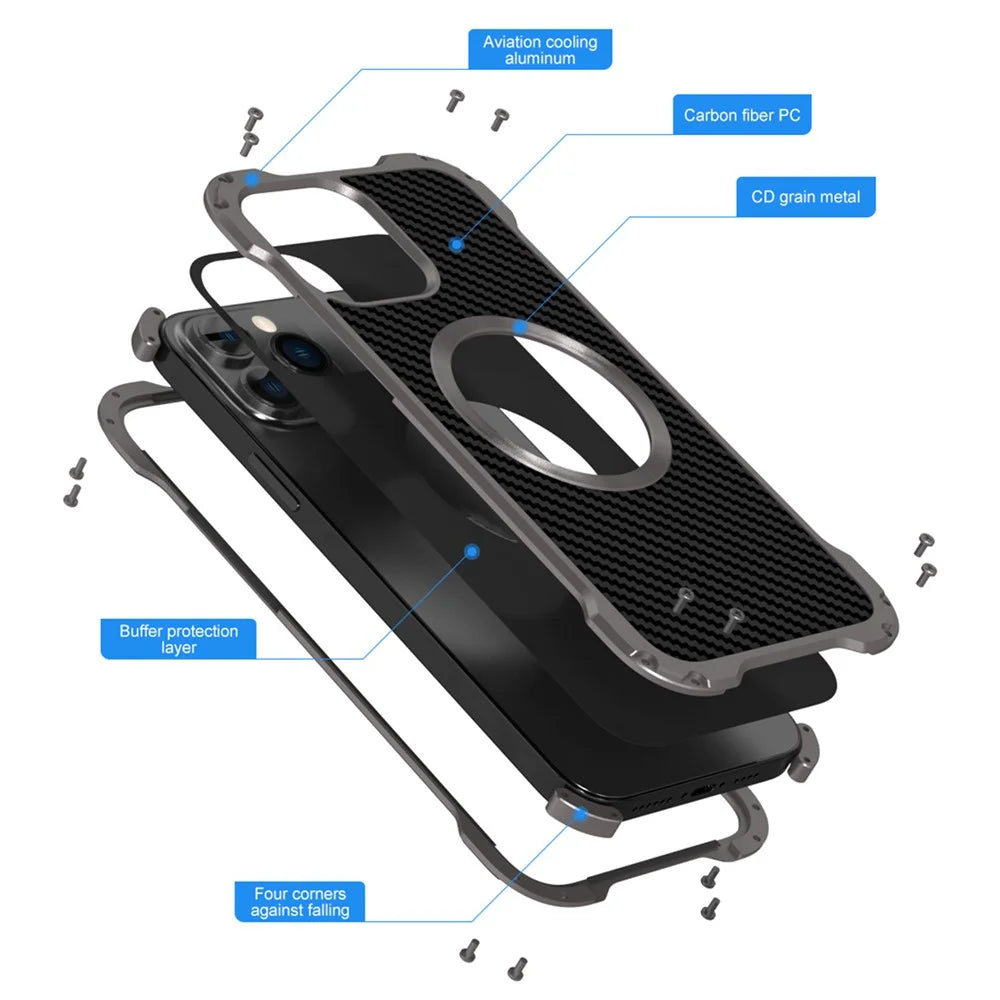 R-JUST Carbon Fiber PC Back Panel Back Hollow Heat Dissipation Aluminum Alloy Phone Case for iPhone 13 Pro 6.1 inch - Grey - 4