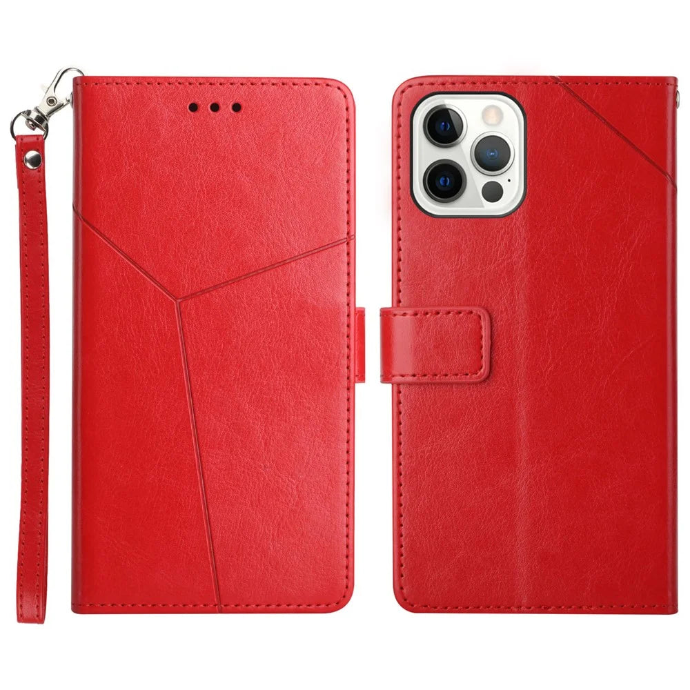 Imprinting Y-shape Line PU Leather Phone Stand Case Wallet Cover with Wrist Strap for iPhone 13 Pro 6.1 inch - Red - 1