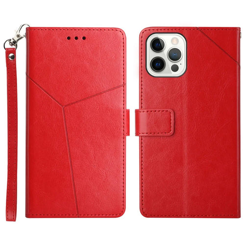 Imprinting Y-shape Line PU Leather Phone Stand Case Wallet Cover with Wrist Strap for iPhone 13 Pro 6.1 inch - Red - 1
