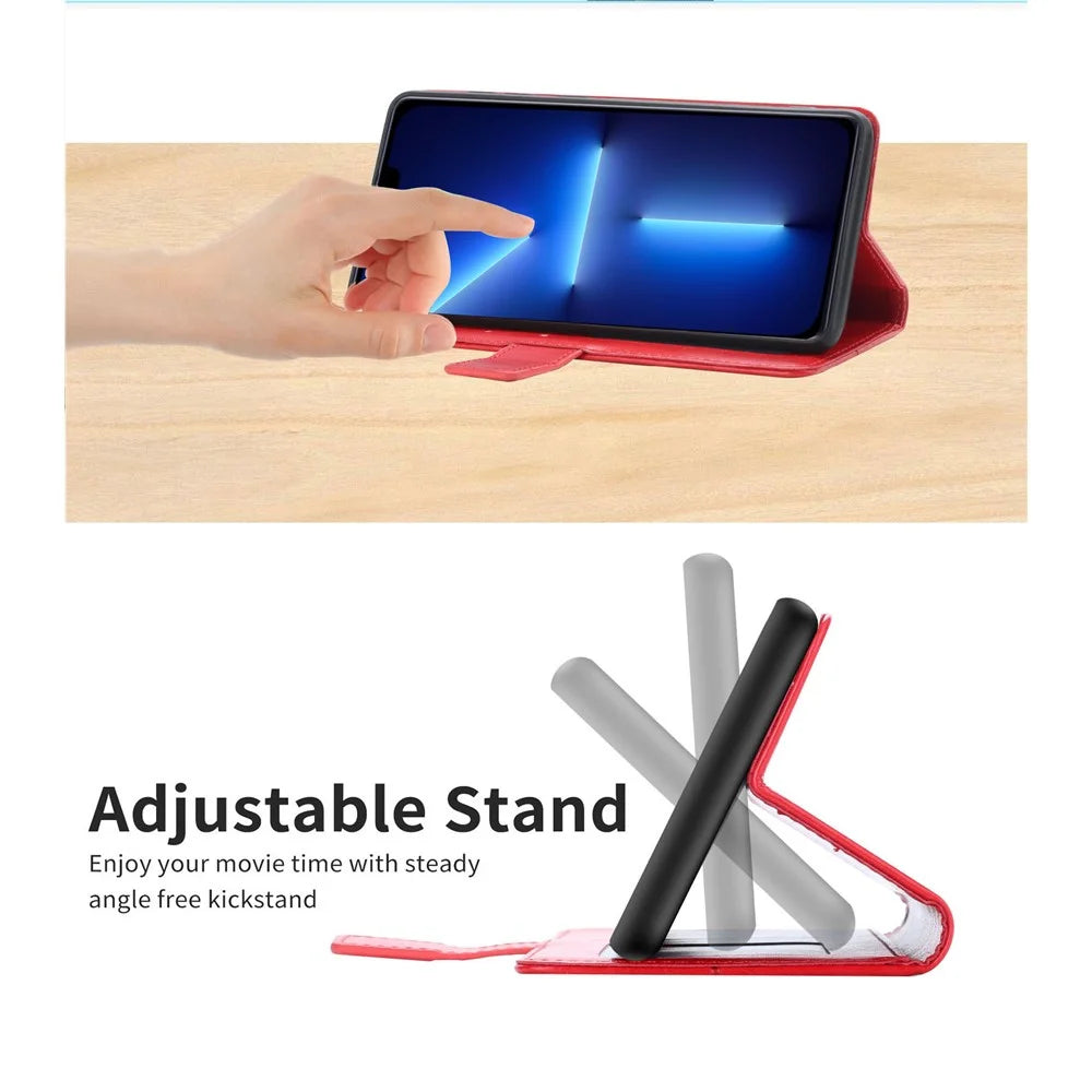 Imprinting Y-shape Line PU Leather Phone Stand Case Wallet Cover with Wrist Strap for iPhone 13 Pro 6.1 inch - Red - 3