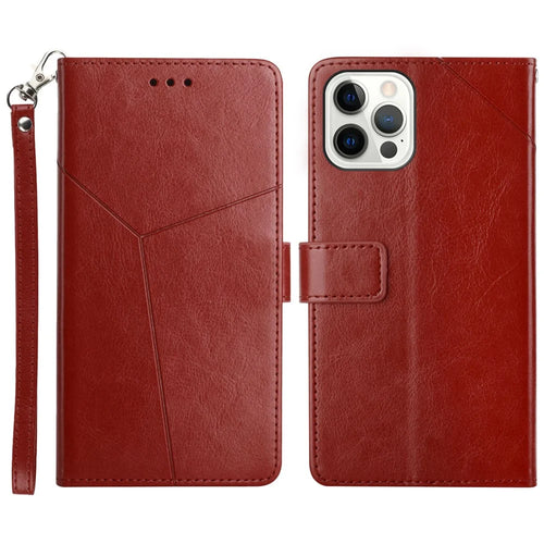Y-shaped Line Imprinted Full Protection Leather Phone Case Stand Wallet Cover with Strap for iPhone 13 Pro Max 6.7 inch - Wine Red - 1