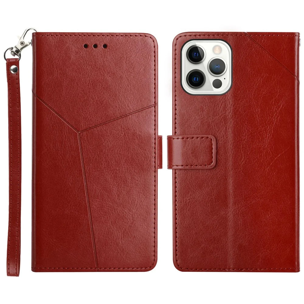 Y-shaped Line Imprinted Full Protection Leather Phone Case Stand Wallet Cover with Strap for iPhone 13 Pro Max 6.7 inch - Wine Red - 1