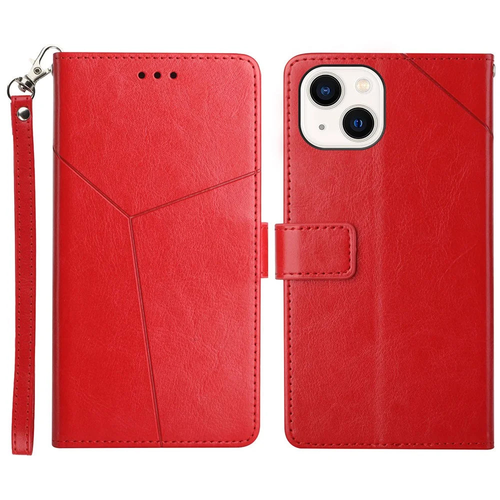 PU Leather Phone Case Imprinting Stylish Y-shaped Line Wallet Shell Stand Cover for iPhone 13 6.1 inch - Red - 1