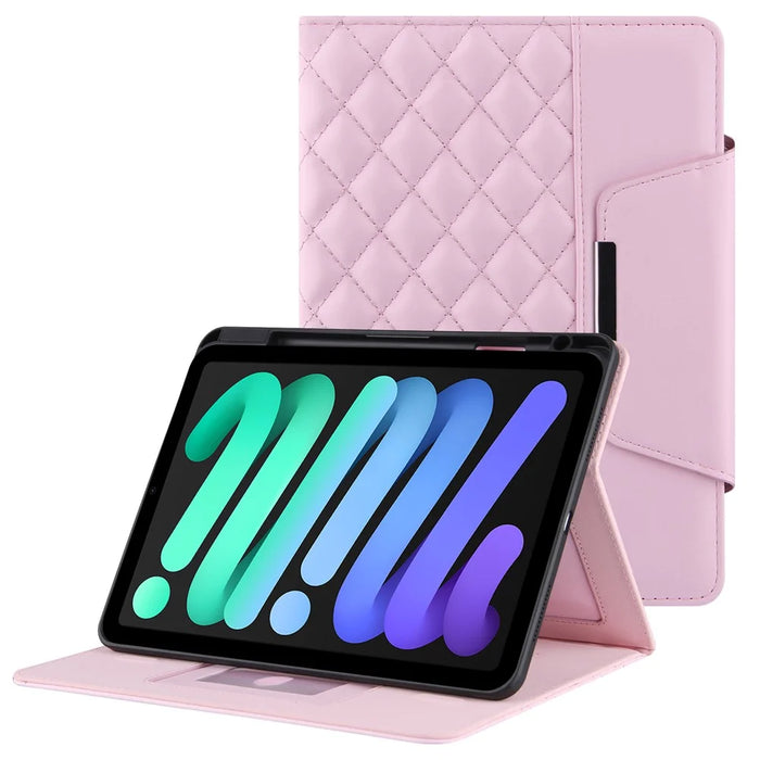 Grids Embroidery Auto Wake / Sleep PU Leather Stand Wallet Tablet Cover Case with Pen Slot for iPad mini (2024) / mini (2021) - Pink - 1