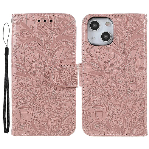 Lace Flowers Pattern Imprinting PU Leather Soft TPU Stand Flip Wallet Phone Case with Strap for iPhone 14 / 13 - Rose Gold - 1
