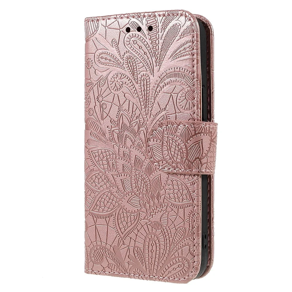 Lace Flowers Pattern Imprinting PU Leather Soft TPU Stand Flip Wallet Phone Case with Strap for iPhone 14 / 13 - Rose Gold - 2