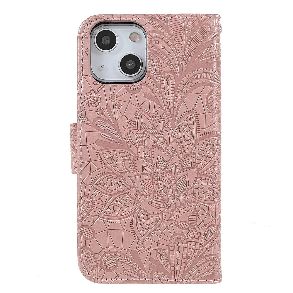 Lace Flowers Pattern Imprinting PU Leather Soft TPU Stand Flip Wallet Phone Case with Strap for iPhone 14 / 13 - Rose Gold - 3