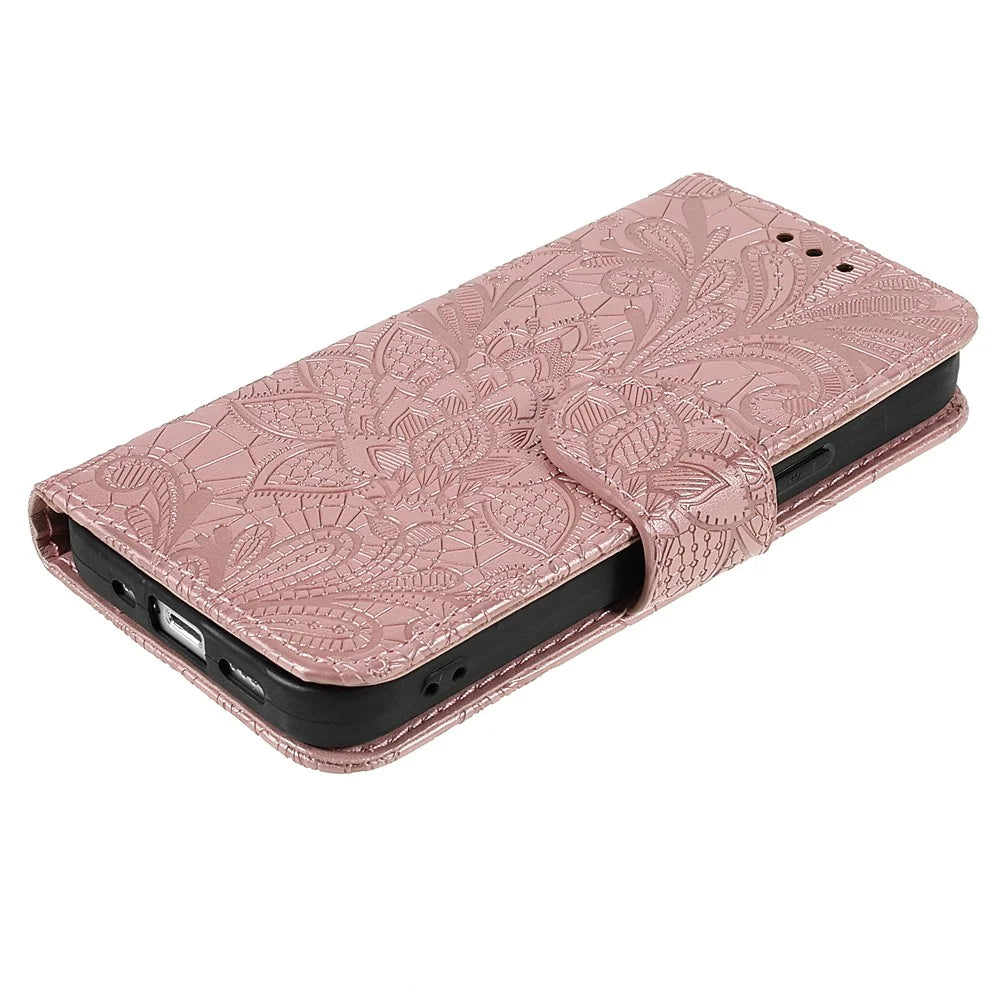 Lace Flowers Pattern Imprinting PU Leather Soft TPU Stand Flip Wallet Phone Case with Strap for iPhone 14 / 13 - Rose Gold - 4