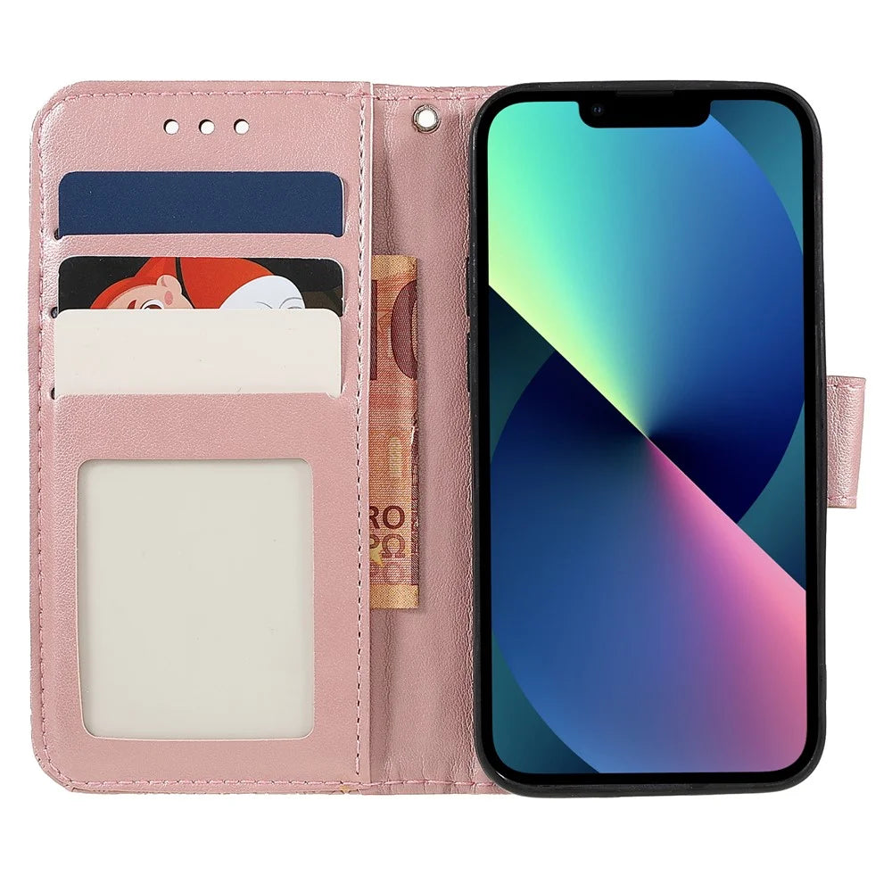 Lace Flowers Pattern Imprinting PU Leather Soft TPU Stand Flip Wallet Phone Case with Strap for iPhone 14 / 13 - Rose Gold - 6
