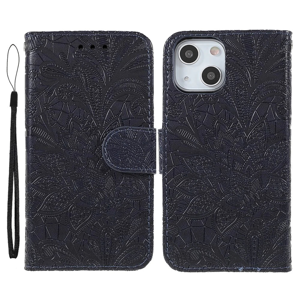 Lace Flowers Pattern Imprinting Folio Soft PU Leather Wallet Stand Magnetic Closure Cover with Wrist Strap for iPhone 13 mini 5.4 inch - Black - 1