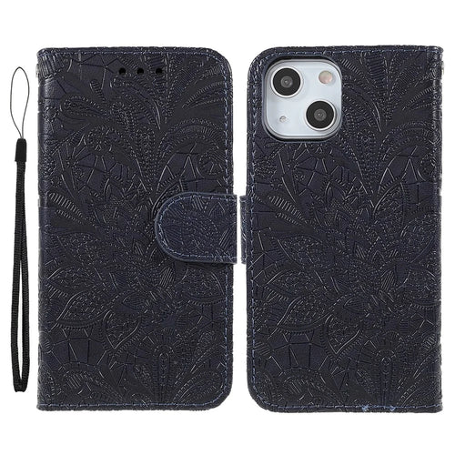 Lace Flowers Pattern Imprinting Folio Soft PU Leather Wallet Stand Magnetic Closure Cover with Wrist Strap for iPhone 13 mini 5.4 inch - Black - 1