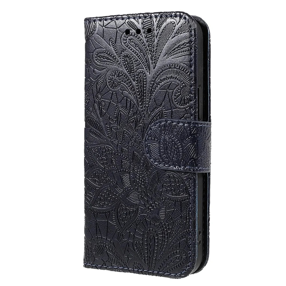 Lace Flowers Pattern Imprinting Folio Soft PU Leather Wallet Stand Magnetic Closure Cover with Wrist Strap for iPhone 13 mini 5.4 inch - Black - 2