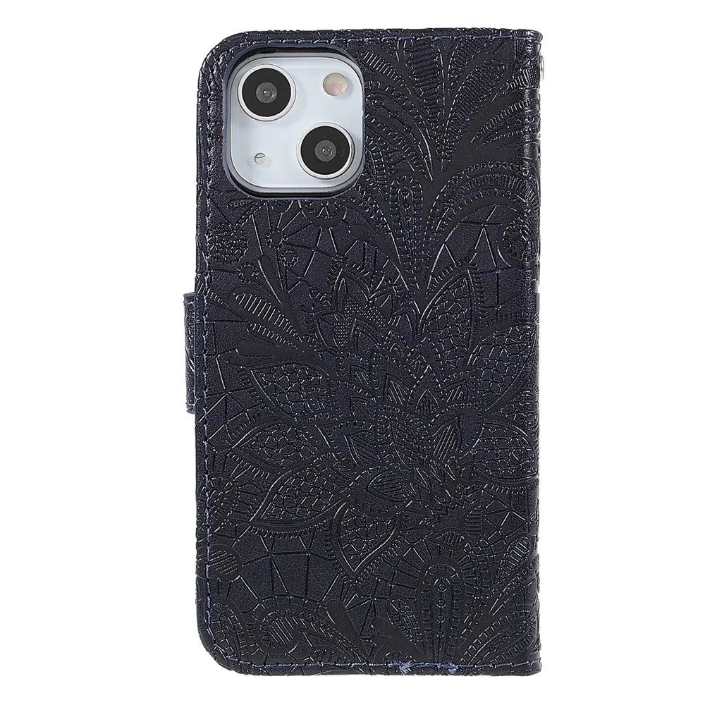 Lace Flowers Pattern Imprinting Folio Soft PU Leather Wallet Stand Magnetic Closure Cover with Wrist Strap for iPhone 13 mini 5.4 inch - Black - 3