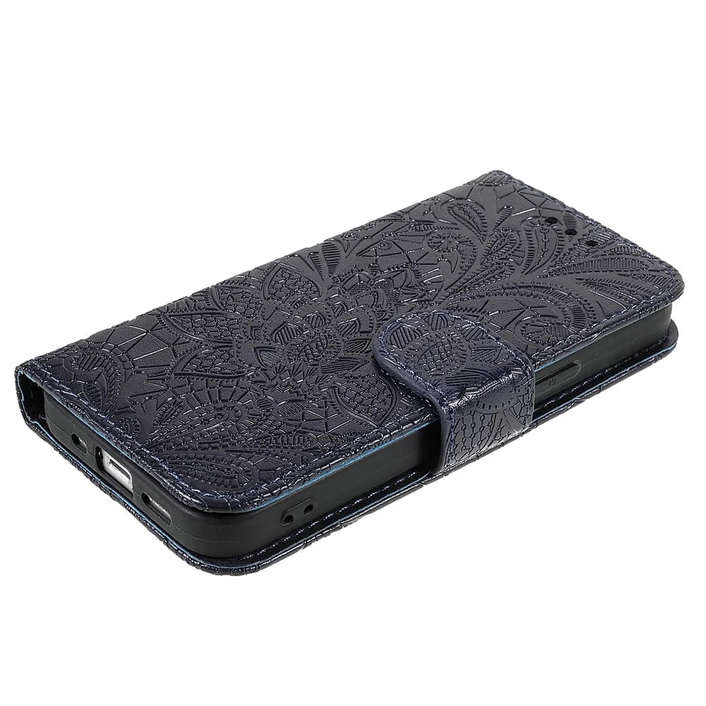 Lace Flowers Pattern Imprinting Folio Soft PU Leather Wallet Stand Magnetic Closure Cover with Wrist Strap for iPhone 13 mini 5.4 inch - Black - 4