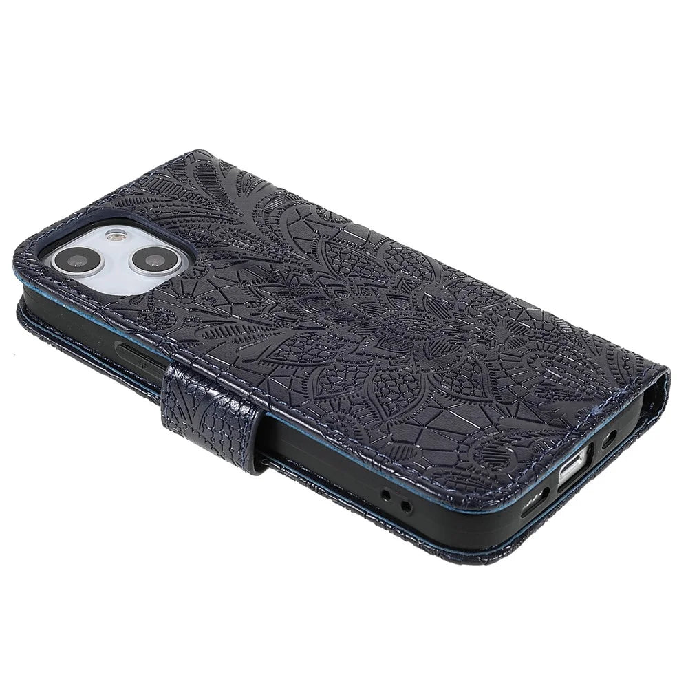 Lace Flowers Pattern Imprinting Folio Soft PU Leather Wallet Stand Magnetic Closure Cover with Wrist Strap for iPhone 13 mini 5.4 inch - Black - 5