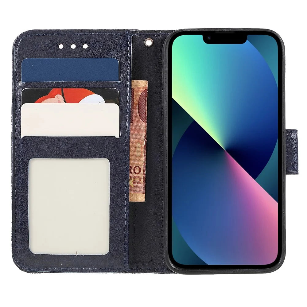 Lace Flowers Pattern Imprinting Folio Soft PU Leather Wallet Stand Magnetic Closure Cover with Wrist Strap for iPhone 13 mini 5.4 inch - Black - 6