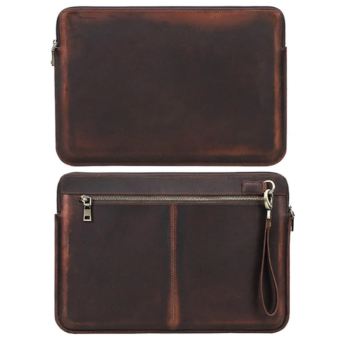 CONTACTS FAMILY Large Capacity Retro Crazy Horse Cowhide Genuine Leather Laptop Protective Bag with Hand Strap for MacBook Pro 15.4inch/16inch - 1